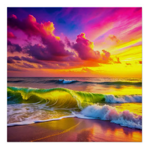 Póster Playa con olas de océano amarillo y rosa vibrantes