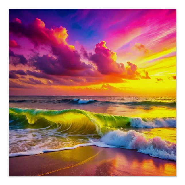 Póster Playa con olas de océano amarillo y rosa vibrantes (Anverso)