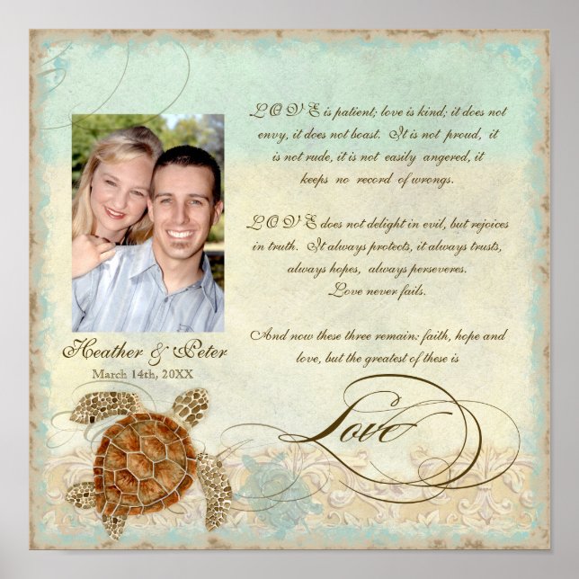 Póster Playa costera de tortuga marina - Boda personaliza (Frente)