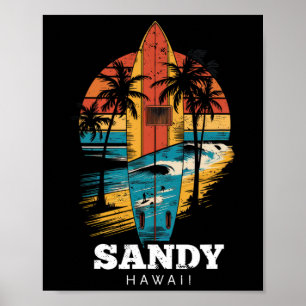 Póster Playa de arena Hawái Surfboard Surfing Retro 