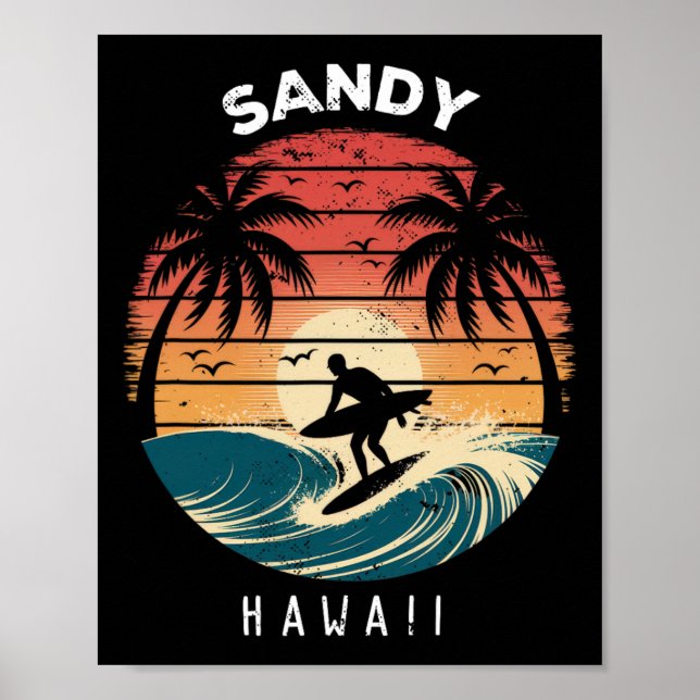 Póster Playa de arena Hawái tabla de surf olas playa (Frente)