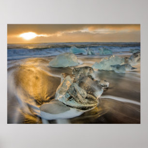 Póster Playa de Arena Negra Jokulsarlon sur de Islandia