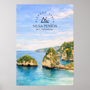Póster Playa de Diamante Bali Acuarela Mar Turquesa