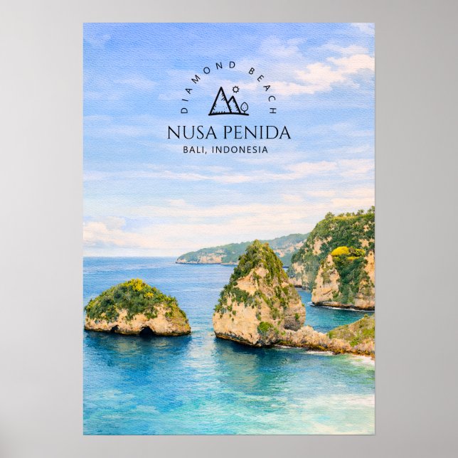 Póster Playa de Diamante Bali Acuarela Mar Turquesa (Frente)
