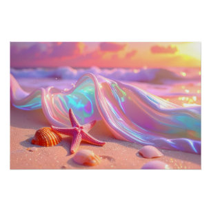 Póster Playa de Ensueño con Hermosa Estrella de Mar Rosa