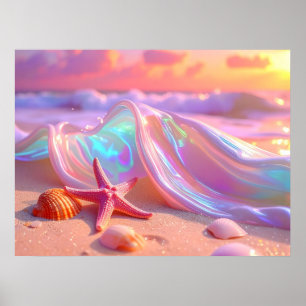 Póster Playa de Ensueño con Hermosa Estrella de Mar Rosa