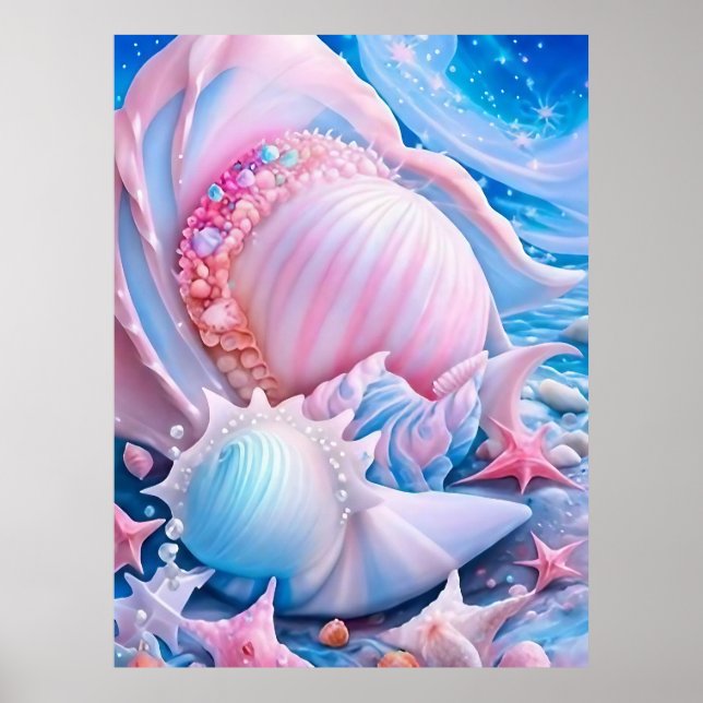 Póster Playa de fantasía azul y rosa (Frente)