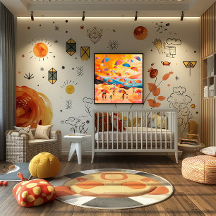 Póster Playa de Paraguas: Paisaje Folk y Naive Colorido