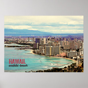 Póster Playa de pintura retra de Hawaii Waikiki