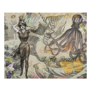 Póster Playa de Pulpo Antiguo Steampunk Costero