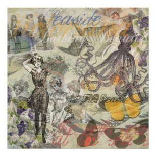 Póster Playa de Pulpo Antiguo Steampunk Costero