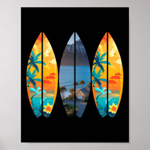 Póster Playa de surf tabla de surf retro tropical Hawái P