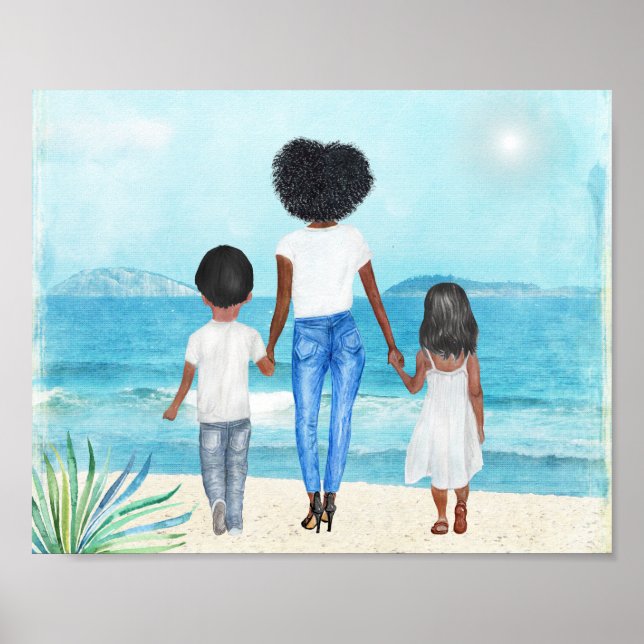 Póster Playa de una mujer afroamericana con niños (Frente)