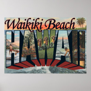 Póster Playa de Waikiki, Hawaii - escenas grandes de la