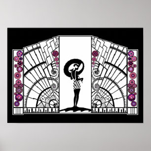 Póster Playa Deco en blanco y rosa