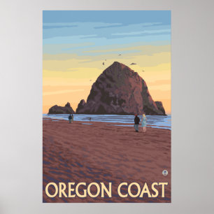 Póster Playa del cañón, Oregon - roca del Haystack