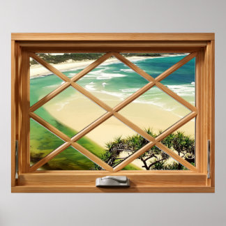 Póster Playa del Caribe: Green Sea View Faux Fake Window
