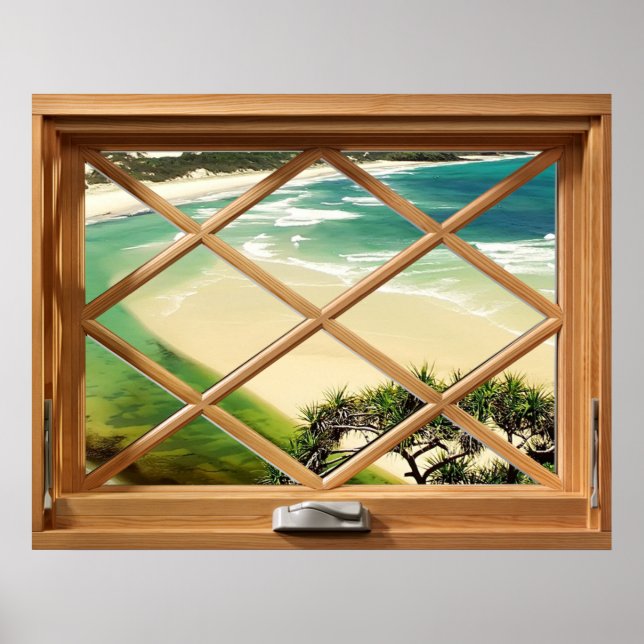 Póster Playa del Caribe: Green Sea View Faux Fake Window (Frente)