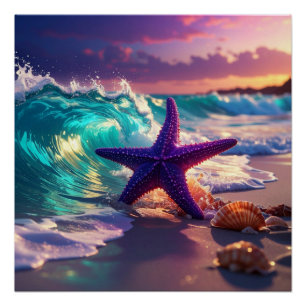 Póster Playa del océano con estrellas de mar violetas