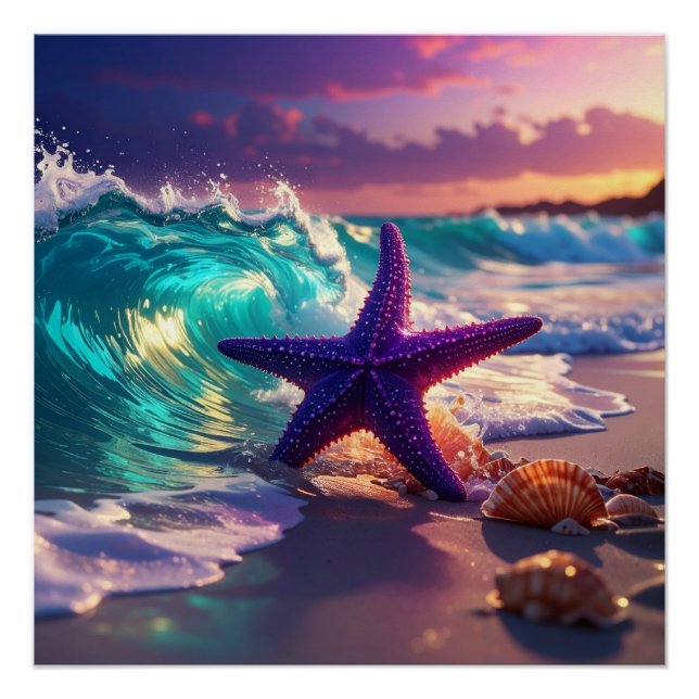 Póster Playa del océano con estrellas de mar violetas (Anverso)