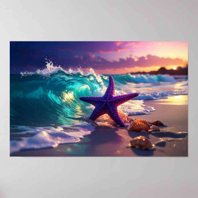 Póster Playa del océano con estrellas de mar violetas (Frente)