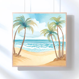 Póster Playa Hawaiana | Acuarela Tropical de Palmeras