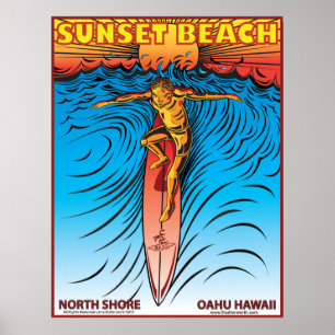 PÓSTER PLAYA HAWAII SURFBREAK DE LA PUESTA DEL SOL QUE