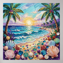 Póster Playa Impasto y puesta de sol y amanecer de vidrio