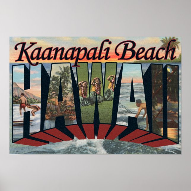 Póster Playa Kaanapali, Hawaii - Escenas de letras grande