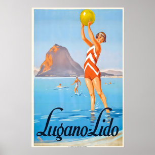 Póster Playa Lido Lago Orilla del lago Lugano Suiza