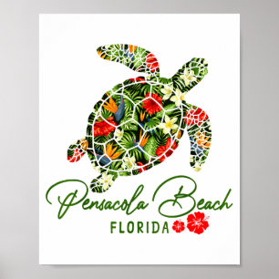 Póster Playa Pensacola Florida Tortuga Marina Hibisco Tro