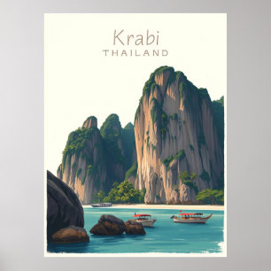 Póster Playa Railay, Krabi Tailandia Ilustración vintage