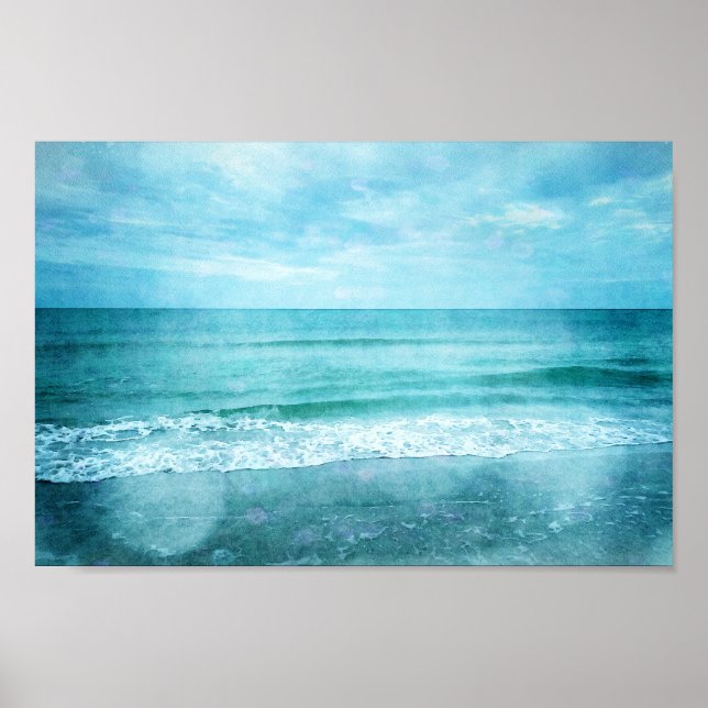 Póster Playa Retro - acuarela azul Verde azulada del océa (Frente)