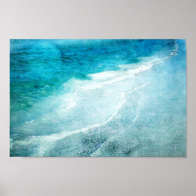 Póster Playa Retro - Acuarela costera Verde azulada del o (Frente)