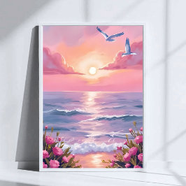 Póster Playa Rosada | Océano Rosa Puesta de Sol Costera A