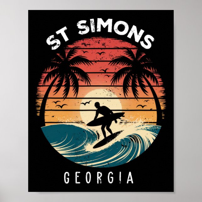 Póster Playa St Simons Georgia Olas de Surfboard Playa  (Frente)