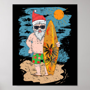 Póster Playa Surf Santa Divertido Verano Hawaii Navidad
