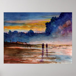 Póster Playa tempestuosa de la puesta del sol que peina