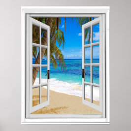 Póster Playa Tranquila Vista al Mar Ventana Falsa