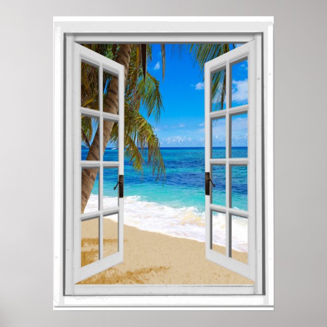 Póster Playa Tranquila Vista al Mar Ventana Falsa (Frente)