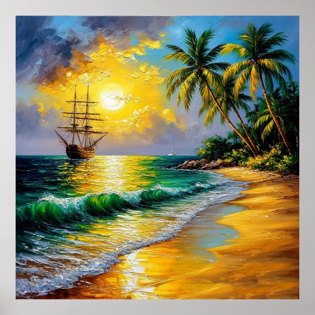 Póster Playa tropical al amanecer con un barco a vela (Frente)