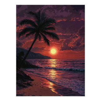 Póster Playa tropical al atardecer