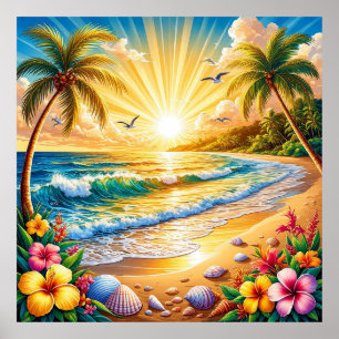 Póster Playa tropical Amanecer con palmeras, olas