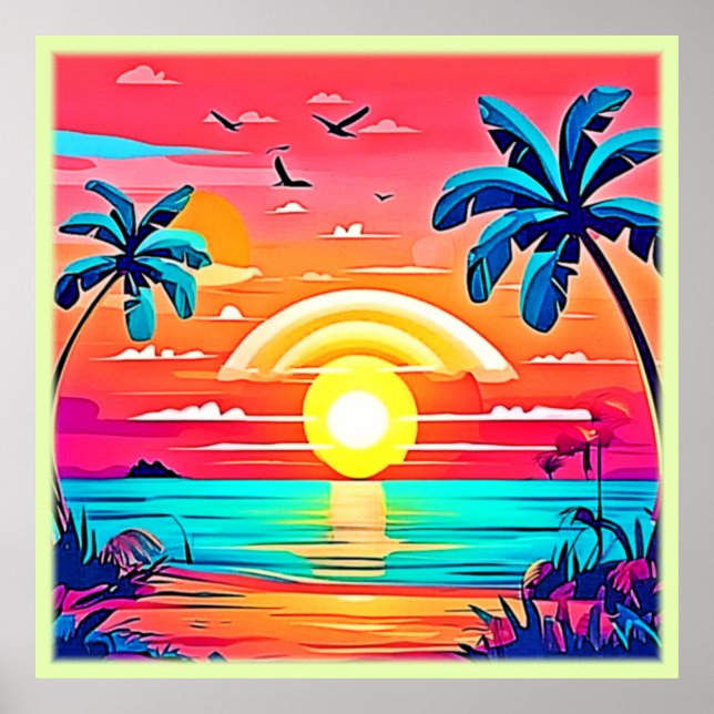 Póster Playa tropical con arcoiris (Frente)