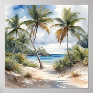 Póster Playa tropical con palmeras