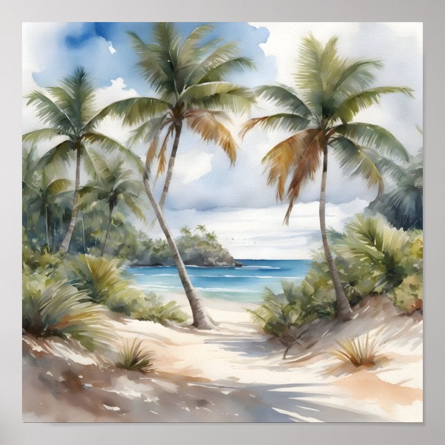 Póster Playa tropical con palmeras (Frente)