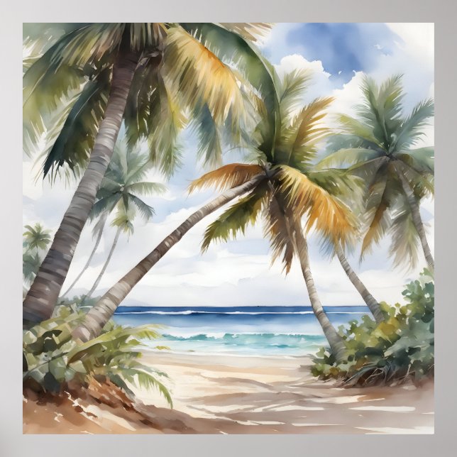 Póster Playa tropical con palmeras (Frente)