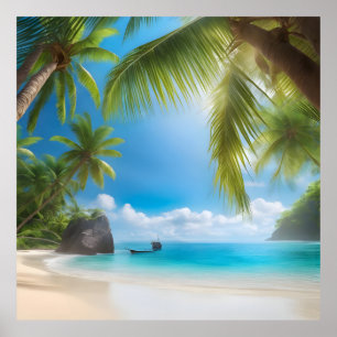 Póster Playa tropical con palmeras