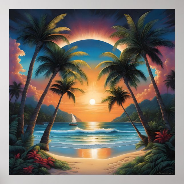 Póster Playa tropical con palmeras (Frente)