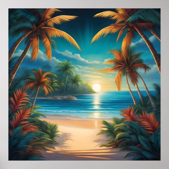 Póster Playa tropical con palmeras (Frente)